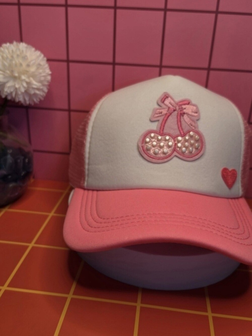 90s Inspired Coquette Pink Cherry Bow Trucker Hat with Pearls & Heart Detail - Picture 3 of 6